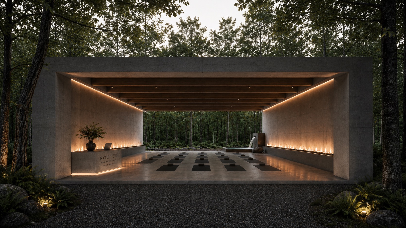 Front view of the forest wellness pavilion with open-air shala, reception, fire walls, and forest setting