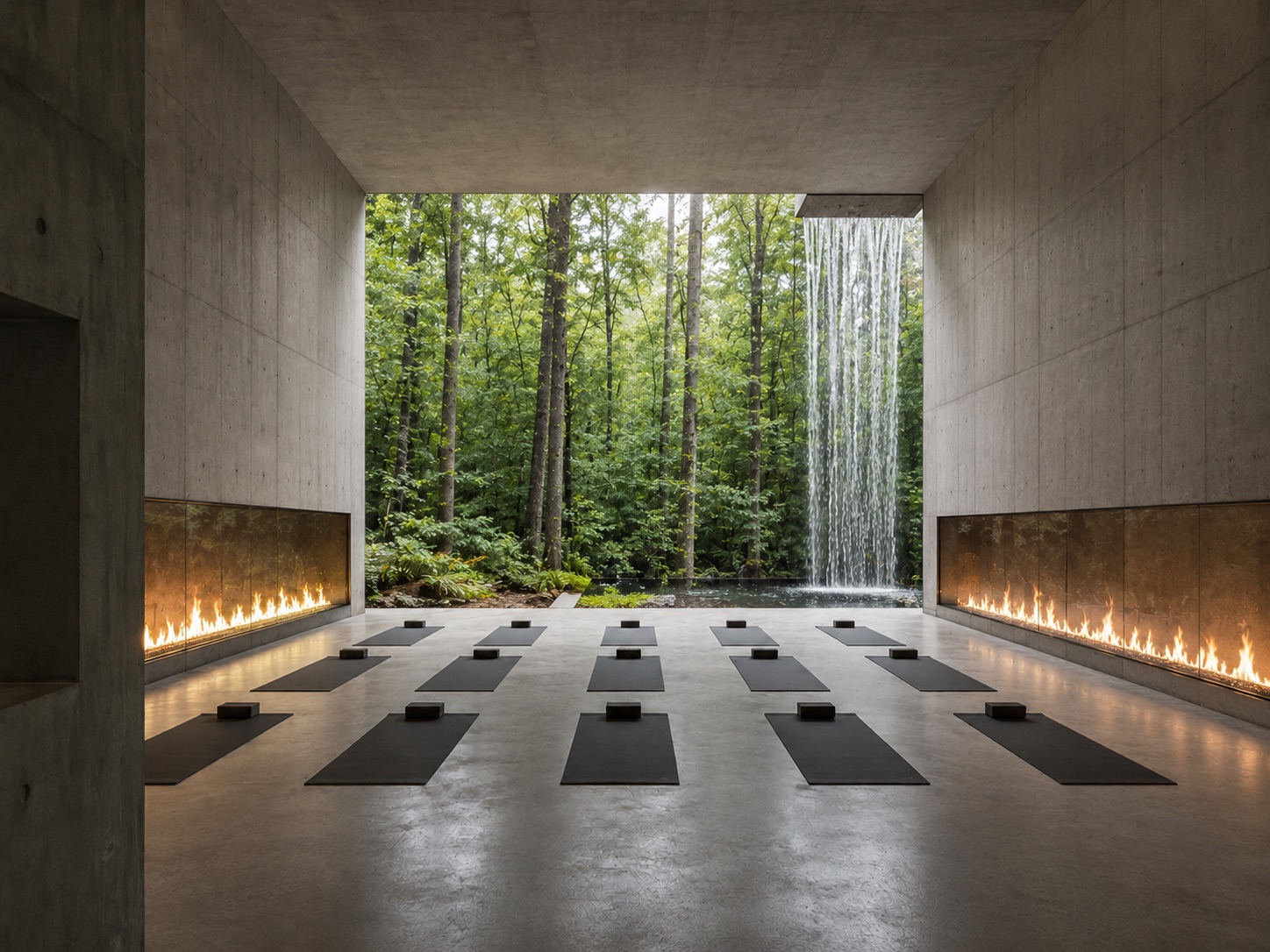 Fully realized interior studio view with upgraded shala, fire walls, forest opening, and cold plunge waterfall